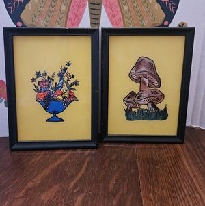 Set of 2 Vgt Pictures Flower & Mushroom Foil Art Framed 7 5/8"× 5 3/8"